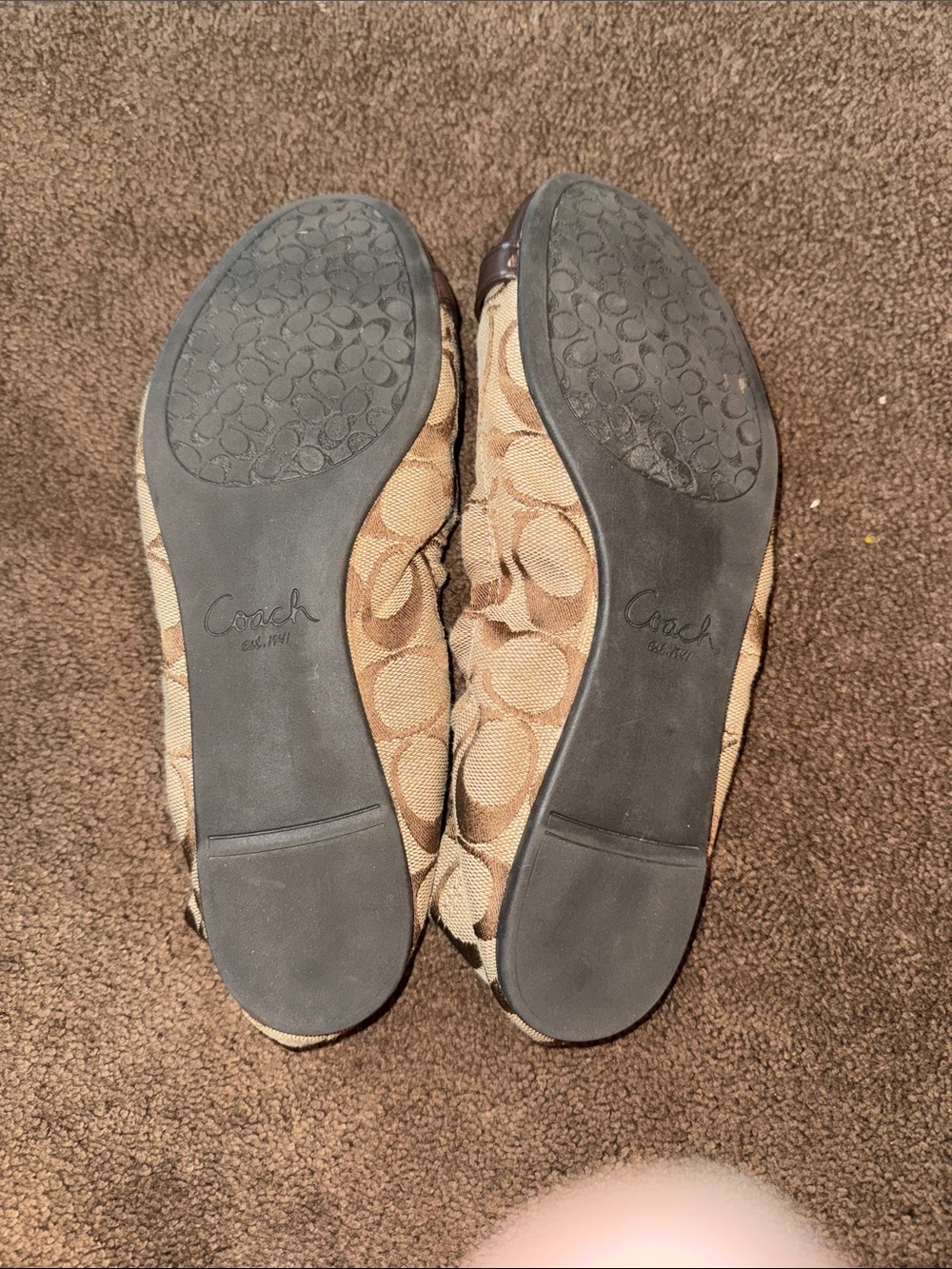 Coach Tan Signature Canvas and Brown Leather Toe Ballet Flats with Gold Buckle - Picture 2 of 6